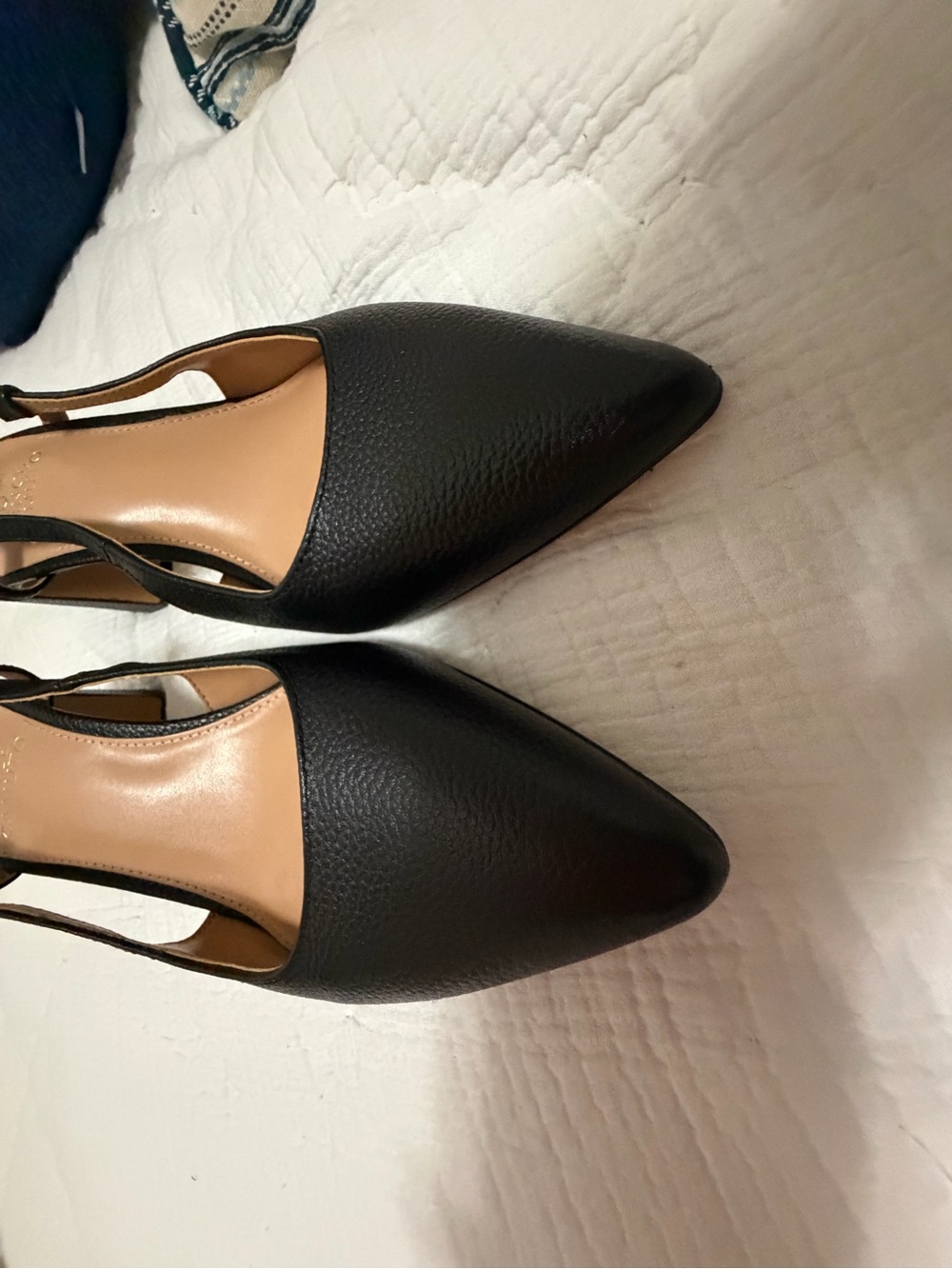 Vince Camuto Black Pointed Slingback Mules with Gold Buckle - Picture 2 of 4